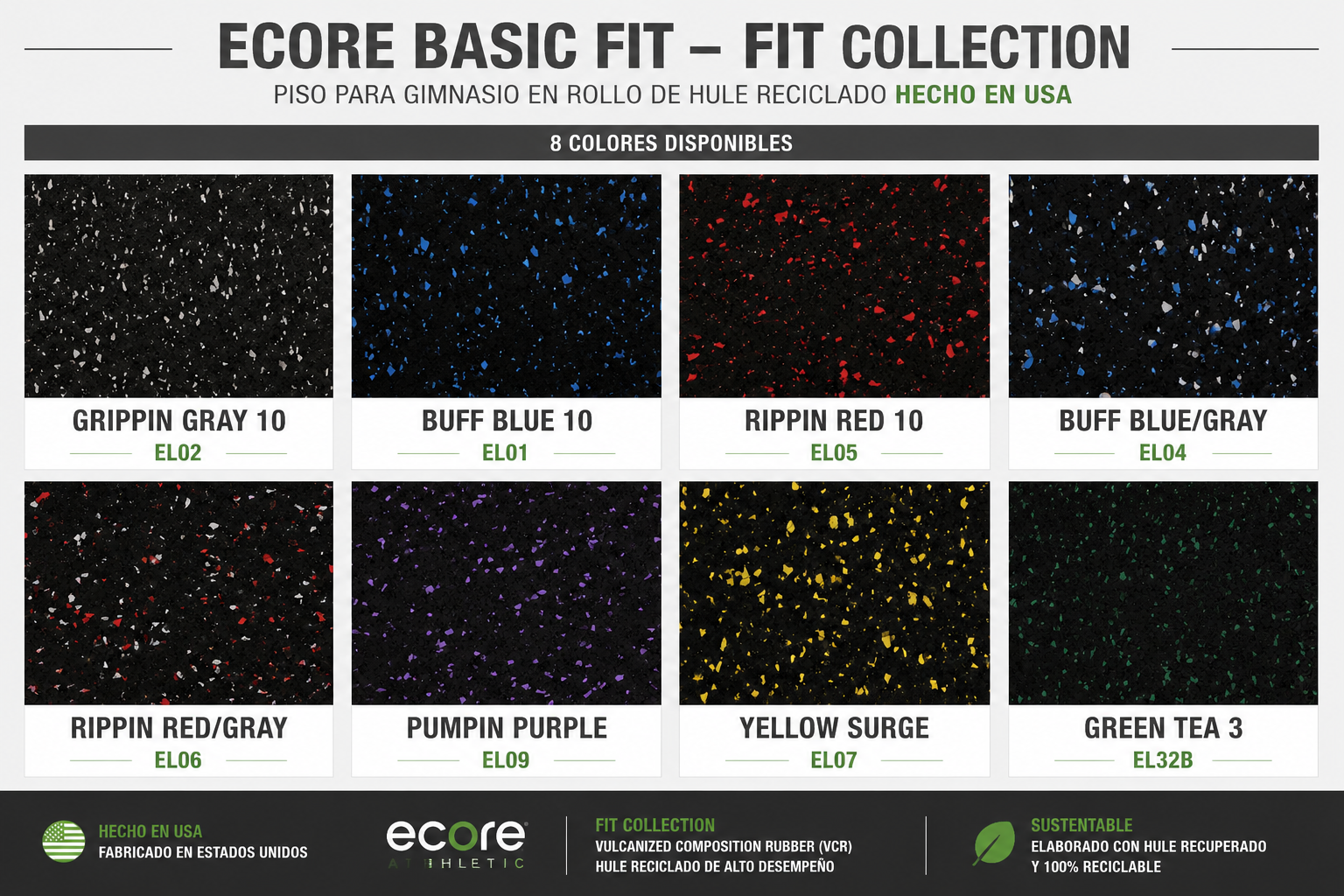 Colores disponibles Ecore Basic Fit para piso de gimnasio de hule y caucho reciclado